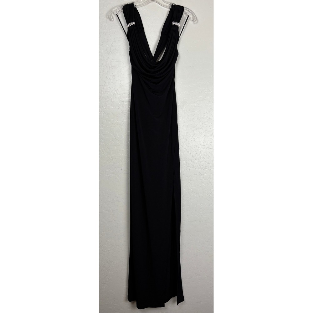 Lulus Vega Black Jersey Knit Rhinestone Cowl Neck Maxi Dress Size M Gown 2693
